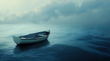 Fototapeta premium Tranquil, empty rowboat on a misty sea