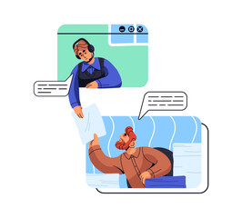 People talk by video conference. Distance communication. Operator of helpdesk in headset, employee of support service remote helps by call. Flat isolated vector illustration on white background