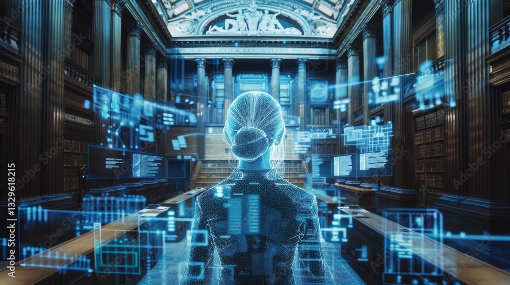 Poster virtual trial in augmented reality setting within a futuristic judiciary environment integrating art