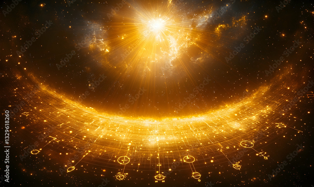 Poster golden cosmic energy emanating from a central light source, illuminating a swirling nebula with intr