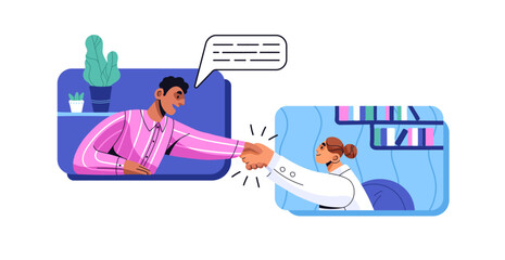 Employees get agreement, handshake by video conference. Colleagues communicate, remote work by online call. Distance business meeting concept. Flat isolated vector illustration on white background