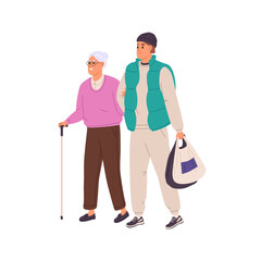 Caregiver helps senior woman to walk. Carer assisting to elderly lady to carry bags of grocery. Son cares about his old mother, supports, leads. Flat isolated vector illustration on white background