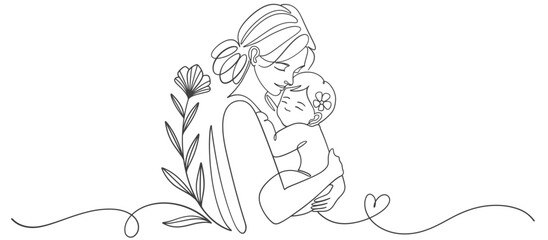 Mother and baby line art style vector illustration, mothers day celebration background