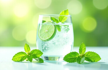 Water with lime and mint in a glass on a fresh summer background.
