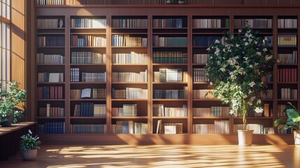 A library in a high school with wooden bookshelves filled with textbooks and study materials, creating an academic atmosphere.