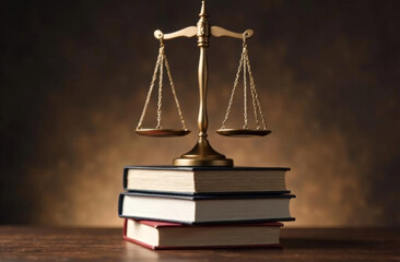 Scales of justice on a stack of books. Concept of law and jurisprudence.