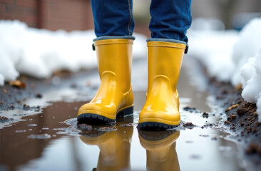 Close-up of feet in bright yellow rubber boots standing in a puddle.