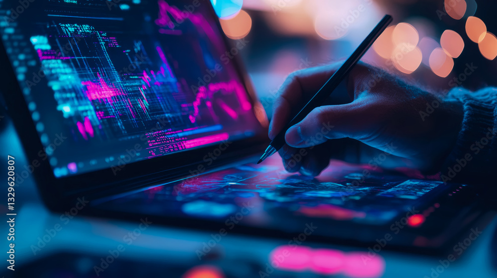 Poster concept: data analysis. development using digital pen, code, and laptop on a blurred background for 