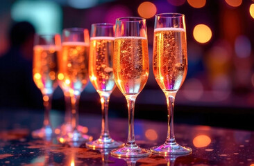 Glasses of champagne stand on the table against the background of festive lights. New Year celebration concept.