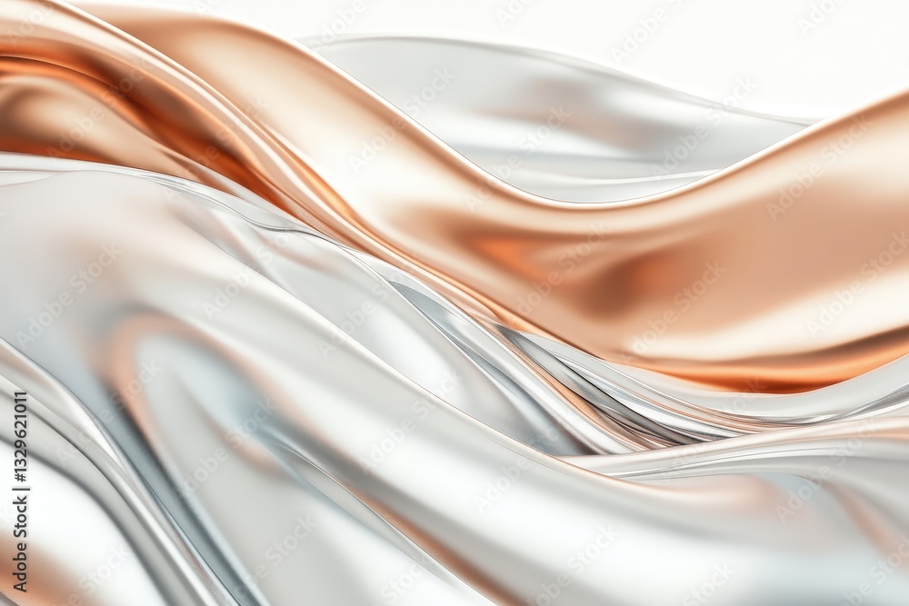 Poster smooth flowing waves of metallic textures in silver and copper tones creating a visually striking an