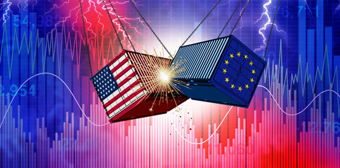 EU Tariffs and European Union tariff trade war with the United States as a Europe USA economic dispute and American financial disagreement over import and exports as cargo freight containers symbol. © freshidea