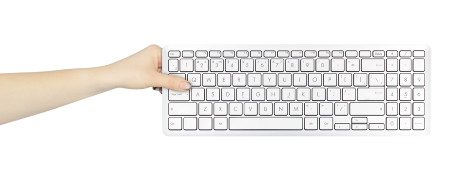 keyboard in hand, outstretched hand with keyboard  isolated from background	