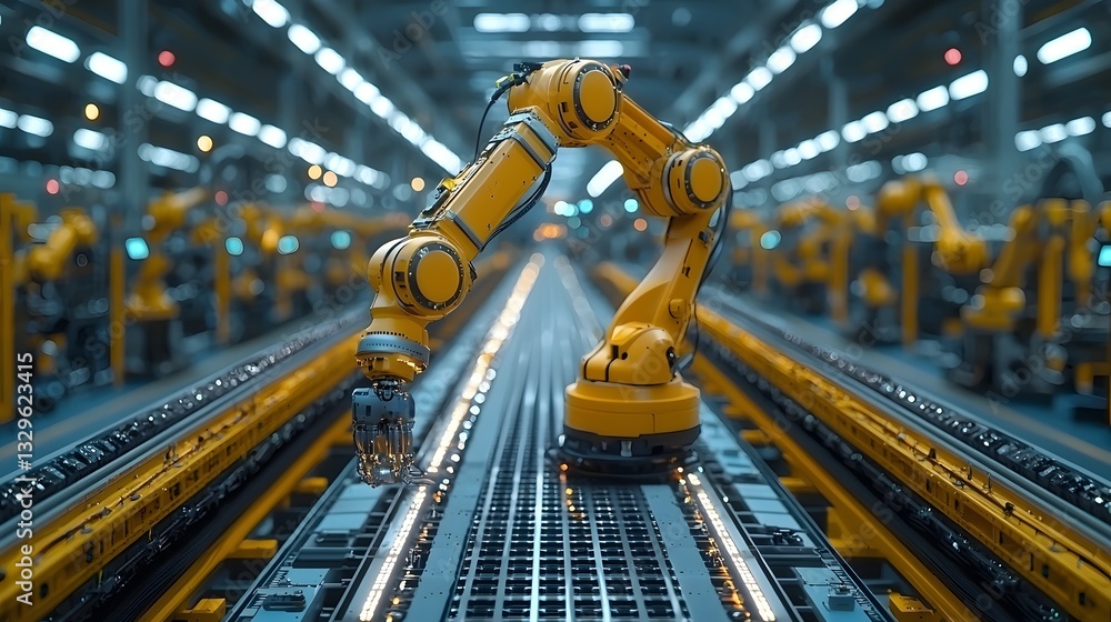 Poster ai powered robotic arms operate high tech production line in futuristic factory