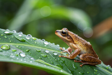 Obraz premium Close-Up of a Brown Frog on a Leaf with Dew Drops in Tropical Rainforest Environment