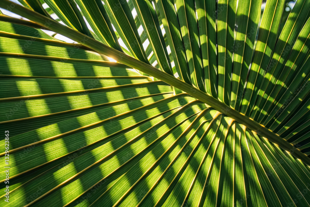 Aufkleber close-up view of a lush green palm leaf with sunlight creating shadow patterns