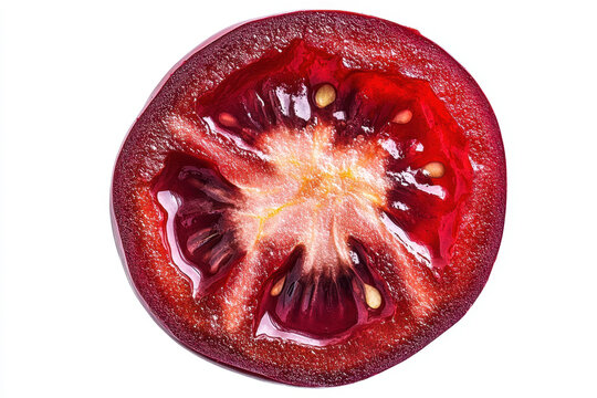 Half of a tomato cut in half; vibrant red ripe flesh and seeds exposed, against a dark background, showcasing fresh and juicy texture.