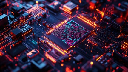 Obraz premium Quantum Processor Glowing with Swirling Qubit Grids
