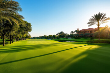 Obraz premium stunning sunlit golf course featuring vibrant green fairways, palm trees, and luxurious clubhouse in background, creating serene and inviting atmosphere