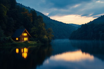 Fototapeta premium serene wooden house by lake, illuminated warmly at dusk, surrounded by lush trees and mountains. calm water reflects beautiful scenery, creating peaceful atmosphere