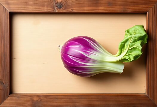 A single kohlrabi rests within a rustic wooden picture frame, market, wooden frame