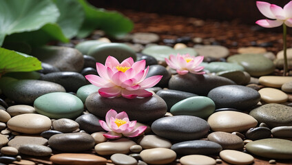 Fototapeta premium A Set of Tranquil Spa Stones Complementing a Lotus Blossom Isolated on a White Background for Relaxation