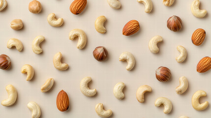 Nuts scattered on light background, including cashews, almonds, and hazelnuts, create visually appealing pattern