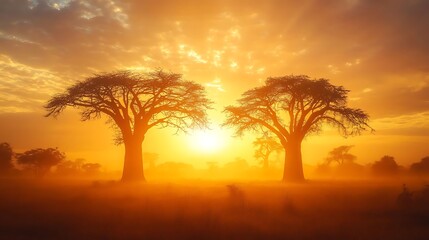 Fototapeta premium Golden sunset over African savannah, silhouettes of majestic baobab trees, misty ambiance with glowing dust, and serene golden hour hues.