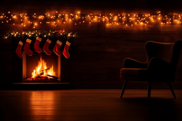 cozy fireplace with open fire, decorated for Christmas, surrounded by glowing lights and festive stockings. warm ambiance invites relaxation and holiday cheer