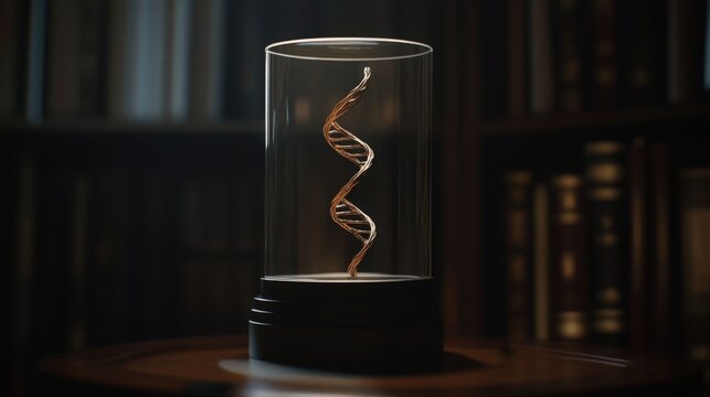 DNA model in glass display case, dark setting