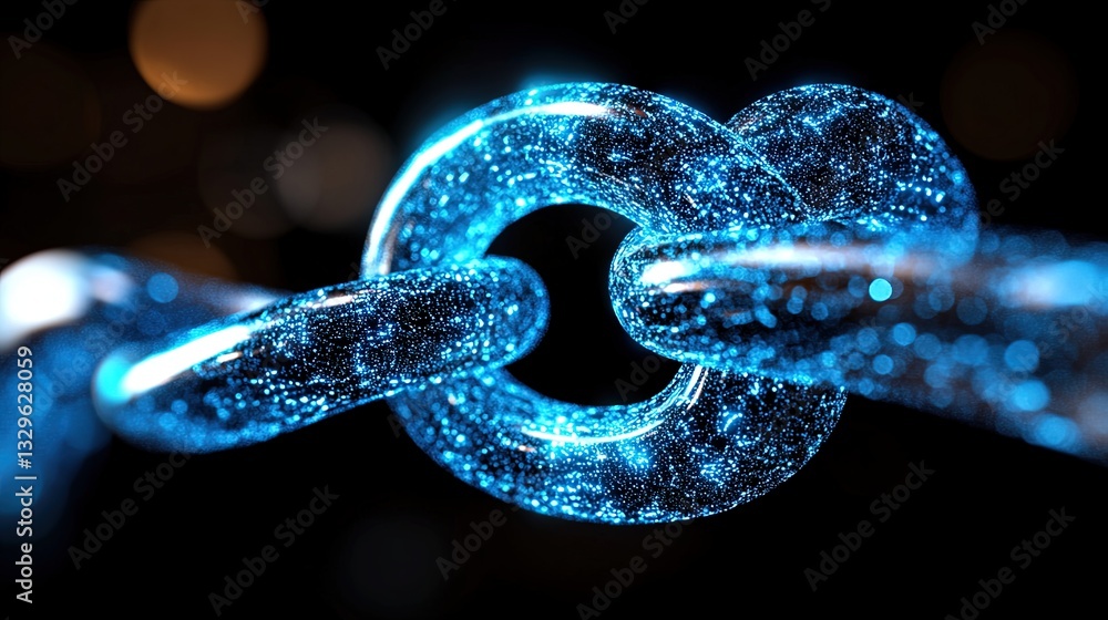 Poster glimmering blue chain links with sparkling effects on a dark background for digital and futuristic c