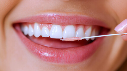 Fototapeta premium A close-up of a woman flossing her teeth, highlighting the importance of oral hygiene and daily dental care routines
