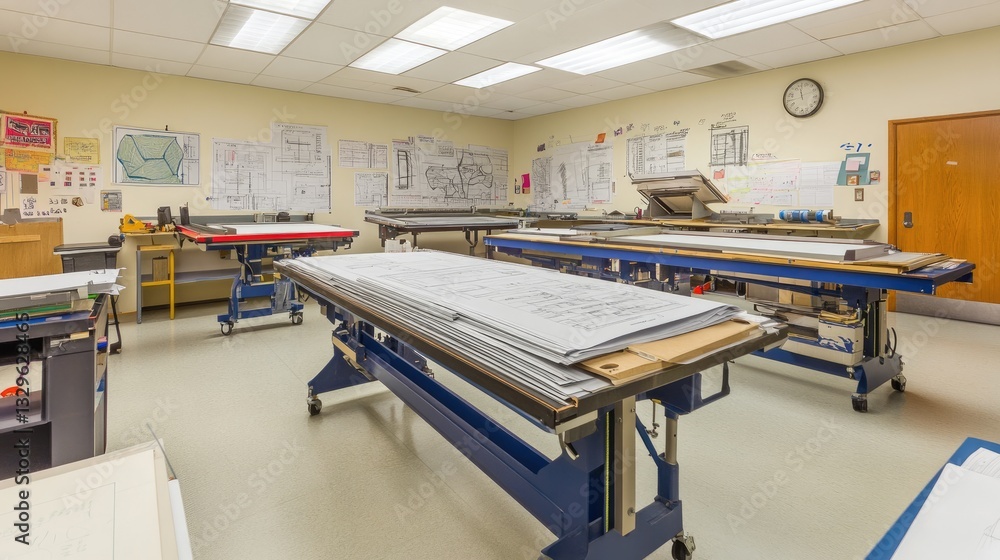 Poster engineering classroom with blueprints, drafting tables, and scale models of bridges and buildings.