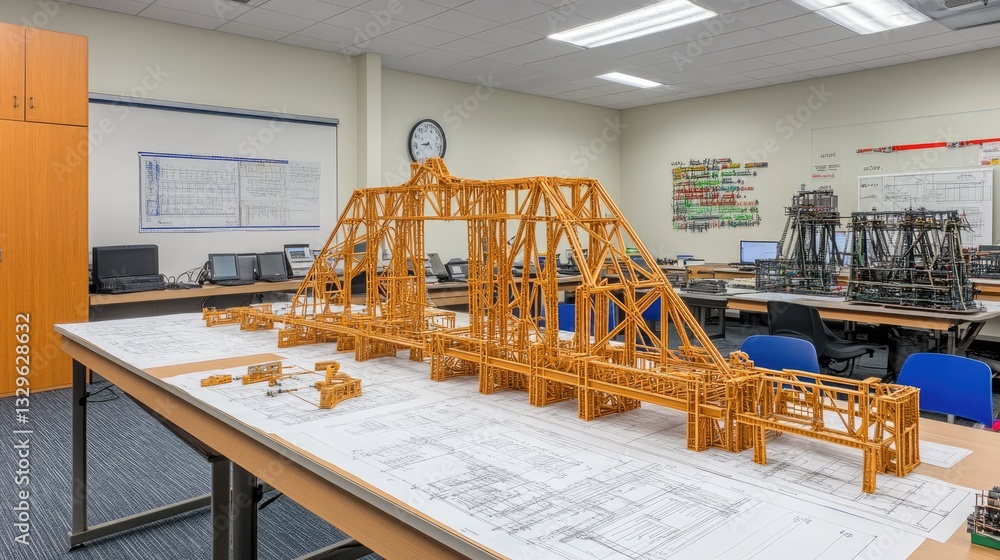 Poster engineering classroom with drafting tables, blueprints, and a model bridge representing structural d
