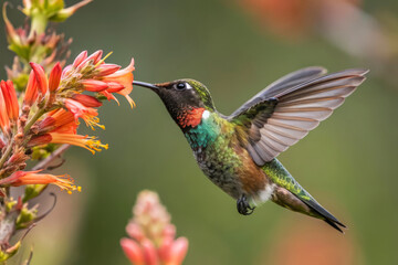 Fototapeta premium Colorful Hummingbird Approaching Vibrant Orange Flowers in Natural Outdoor Setting