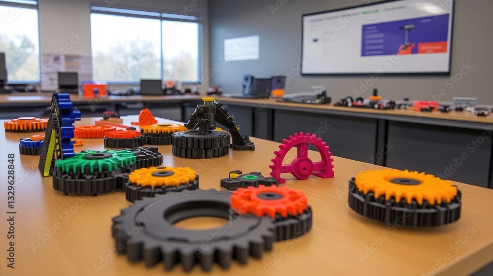 Poster engineering design lab with mechanical gears, structural models, and a d-printed prototype of a mach