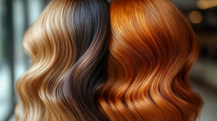 Fototapeta premium Close-up of two people with contrasting hair colors, smooth blonde and vibrant red, highlighting silky textures