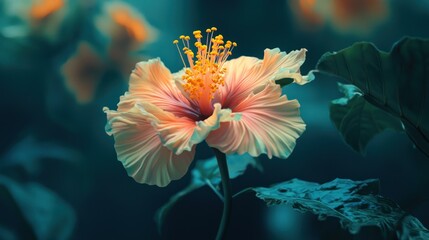 Vibrant Hibiscus Flower with Soft Colors and Lush Green Leaves
