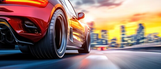 Red Sports Car Speeding Through City at Sunset