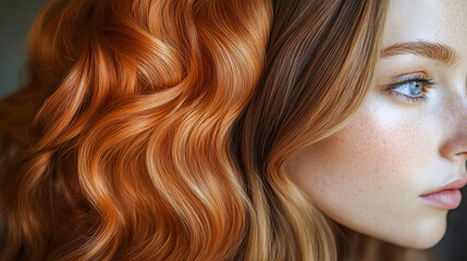 Close-up of a woman vibrant red and brown wavy hair, showcasing contrast and texture