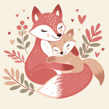 Little fox hugs his mother. Sweet illustration for Mother's Day. 
Cute hand drawn vector illustration in a flat style.
