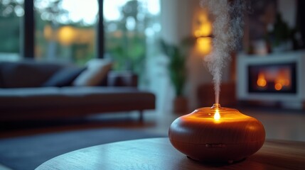 A close-up of an essential oil diffuser releasing a calming mist into a softly lit room.