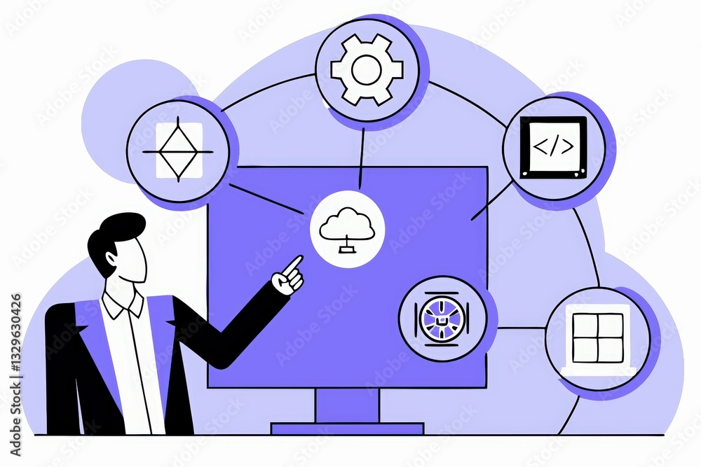 Aufkleber a graphic illustration of a man pointing at a computer screen, surrounded by icons representing tech