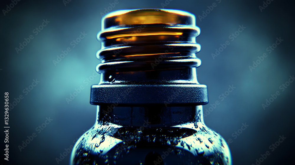 Poster captivating close-up of a beer bottle with perfect symmetry and soft diffused lighting highlighting 