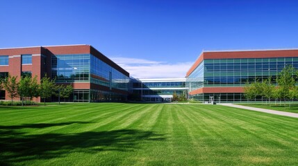 Obraz premium Modern college campus with sleek glass buildings, lush green lawns, and a clear blue sky, representing higher education and innovation.