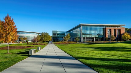 Fototapeta premium Modern college campus with sleek glass buildings, lush green lawns, and a clear blue sky, representing higher education and innovation.