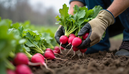 Fototapeta premium Hands harvesting fresh radishes in fertile soil
