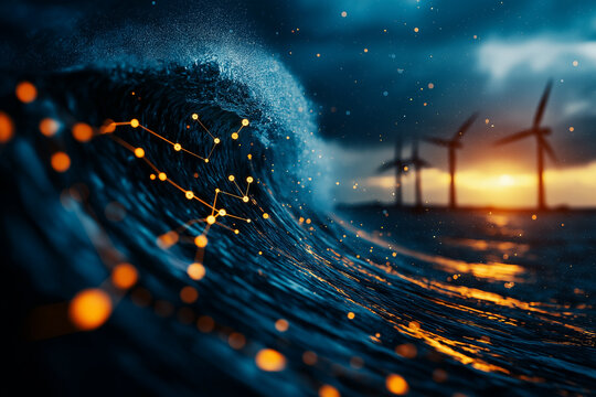 dynamic wave in ocean illuminated by sunset, featuring wind turbines in background and digital network overlay, symbolizing technology and nature harmony