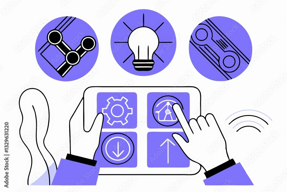 Poster a digital interface displaying various icons, with hands interacting with a touchscreen, suggesting 