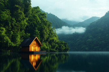 Fototapeta premium wooden house floats on serene lake, surrounded by lush green mountains and misty clouds. tranquil scene evokes sense of peace and harmony with nature