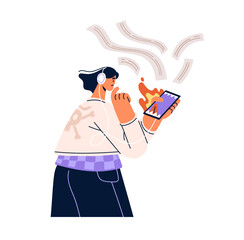 Nervous woman with smartphone addiction endless scrolling social networks, read news feed. Person spend time online, surfing internet in phone. Doomscrolling concept. Flat vector illustration on white